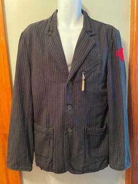 LEE COOPER Navy Pinstripe Rough Hem Urban Streetwear Patch Detail Men’s Blazer